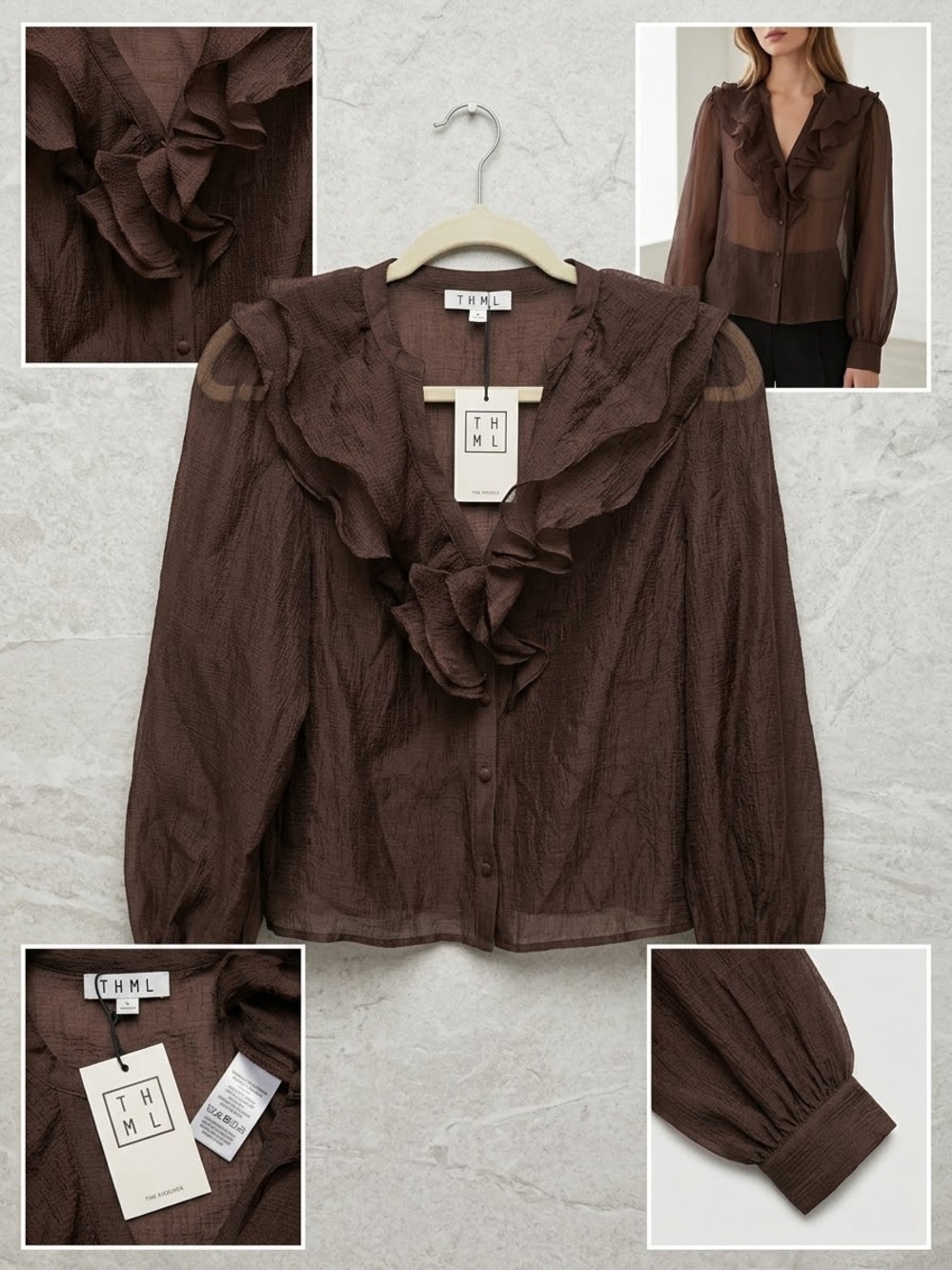 THML Sheer Ruffle V-Neck Blouse in Chocolate